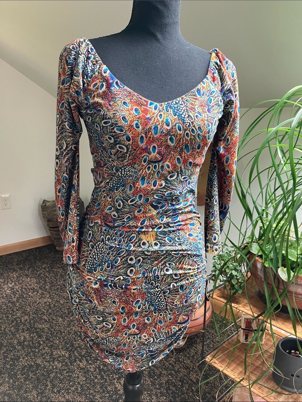 Peacock-Print Long Sleeve Bodycon Dress - Multicolor